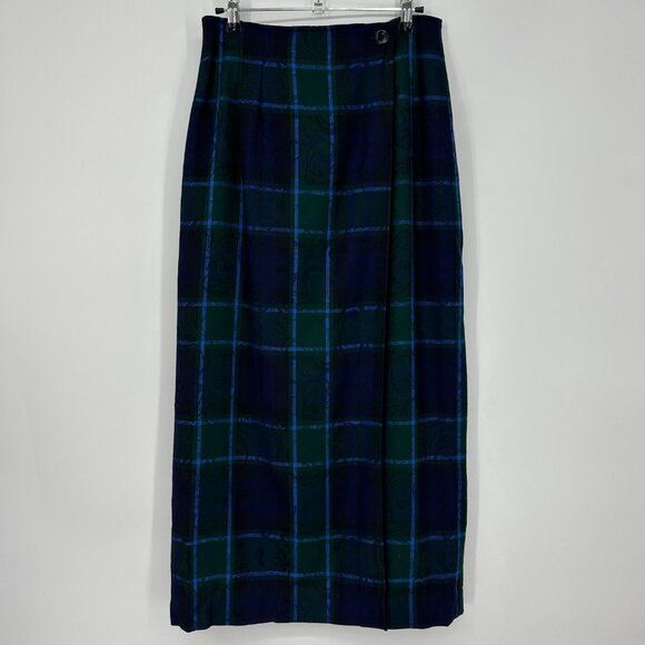 Pendleton Plaid Wool Maxi Wrap Skirt 8 Embossed Paisley Blackwatch Blue Green - Picture 1 of 11
